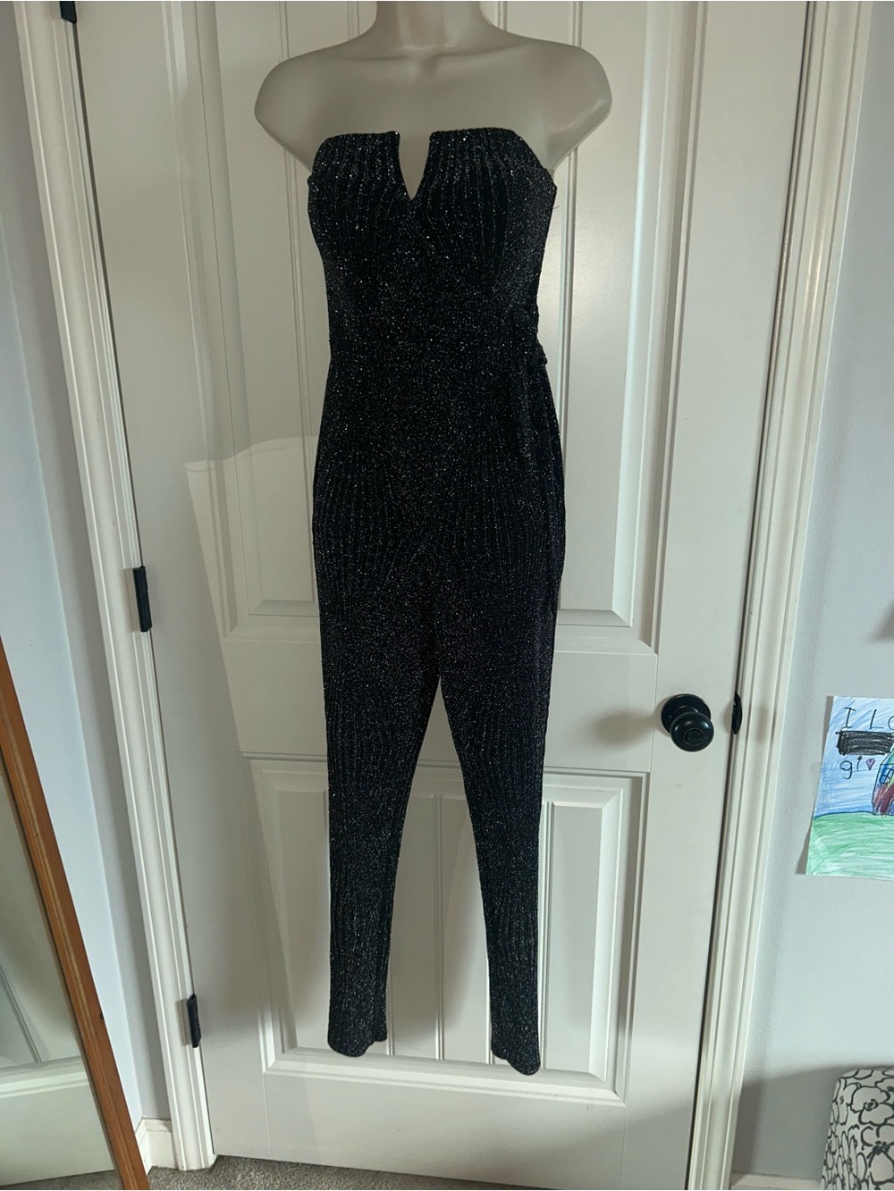 NEW Trixxi Black Glitter Strapless Jumpsuit with V-Notch Sz S